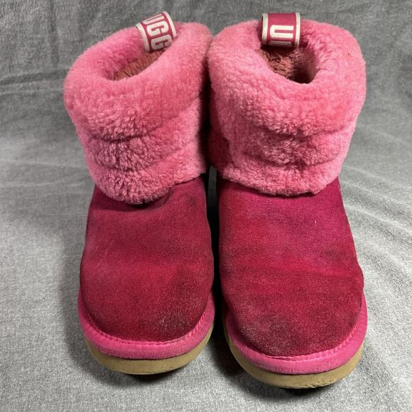 UGG Classic Mini Fluff Quilted Boots Women's Size 6 Pink Shearling Suede - Picture 2 of 12